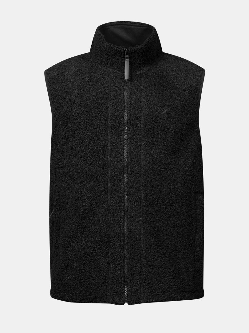 Halti Lykky Fleece-väst, unisex, svart, återvunnen polyester, ärmlös, hög krage och genomgående dragkedja.
