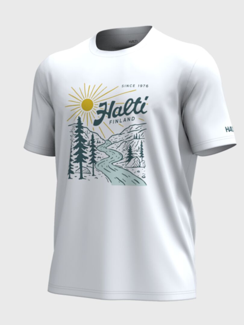 Vehka unisex-T-shirt från Halti med grafiskt naturmotiv och texten ”Halti Finland”, tillverkad av ekologisk bomull.