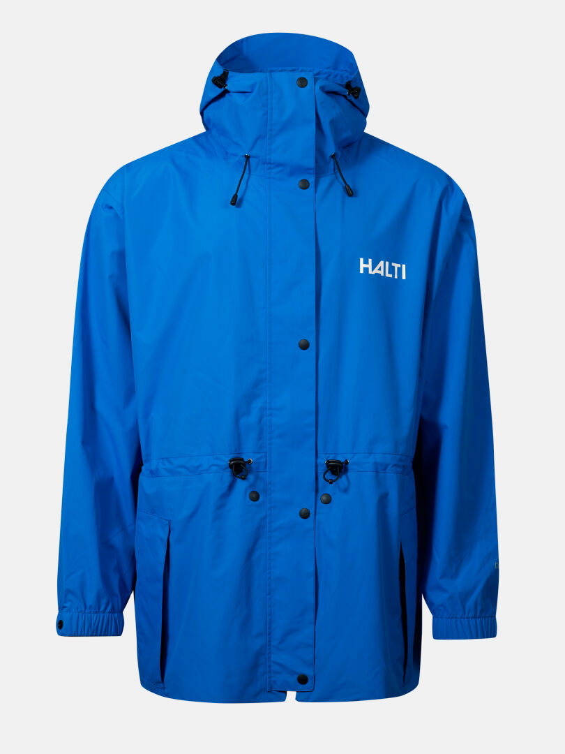En blå Halti Coach Jacka med svarta knappar, dragsko och Halti-logotyp på bröstet.