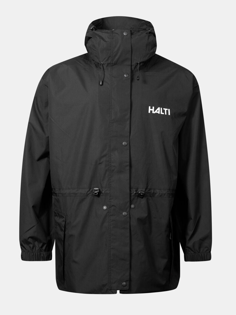 En svart Halti Coach Jacka med dragkedja fram, tryckknappar, justerbar midja och Halti-logotyp.