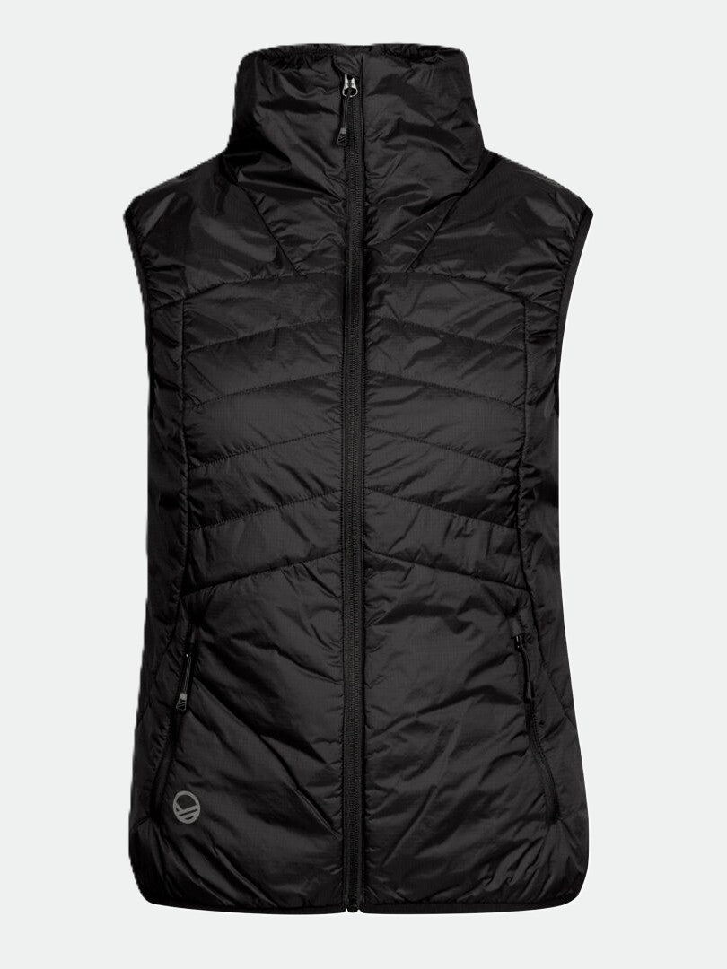 Halti Heatix Väst Dam är en svart, ärmlös pufferväst i återvunnen ripstop-nylon med fickor med dragkedja.