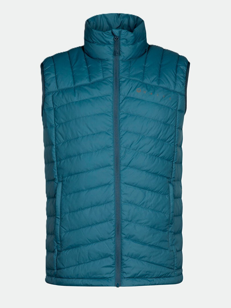 Halti Evolve Lite Dunväst Herr: Teal, quiltad väst med dragkedja fram och hög krage, perfekt för svala friluftsdagar.