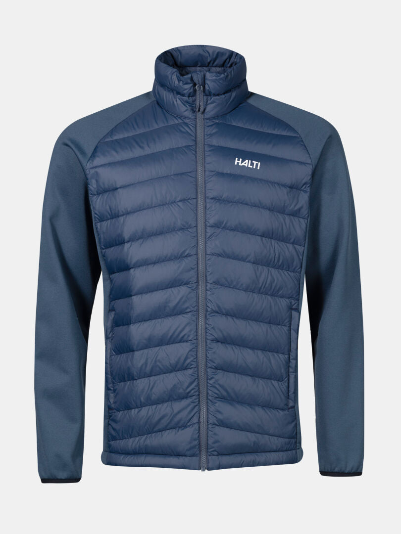 Halti Huippu Hybrid Dunjacka Herr i blått, med quiltade Pertex Quantum-paneler och släta ärmar, på enfärgad bakgrund.