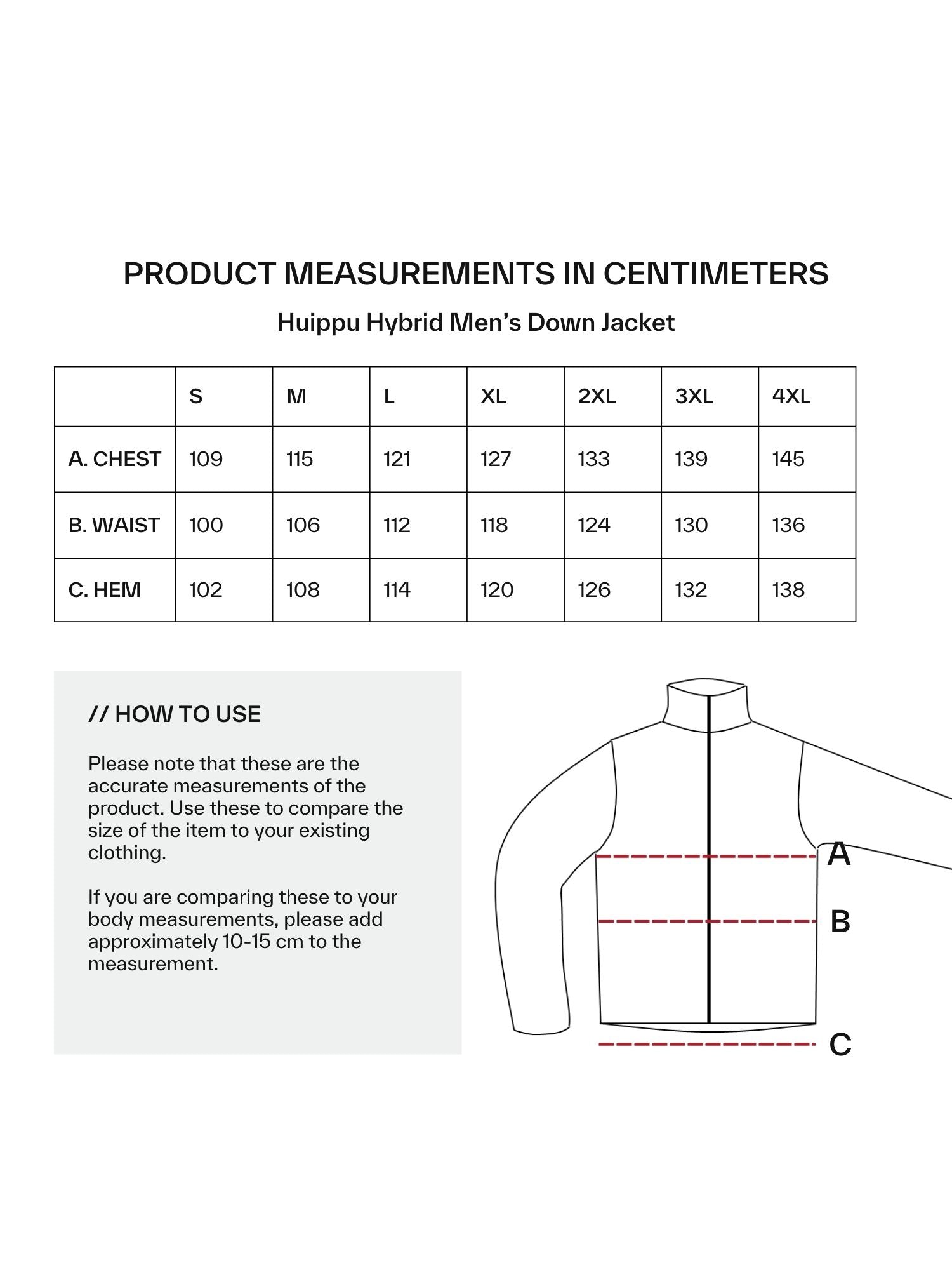 Halti Huippu Hybrid Down jacket Measurments