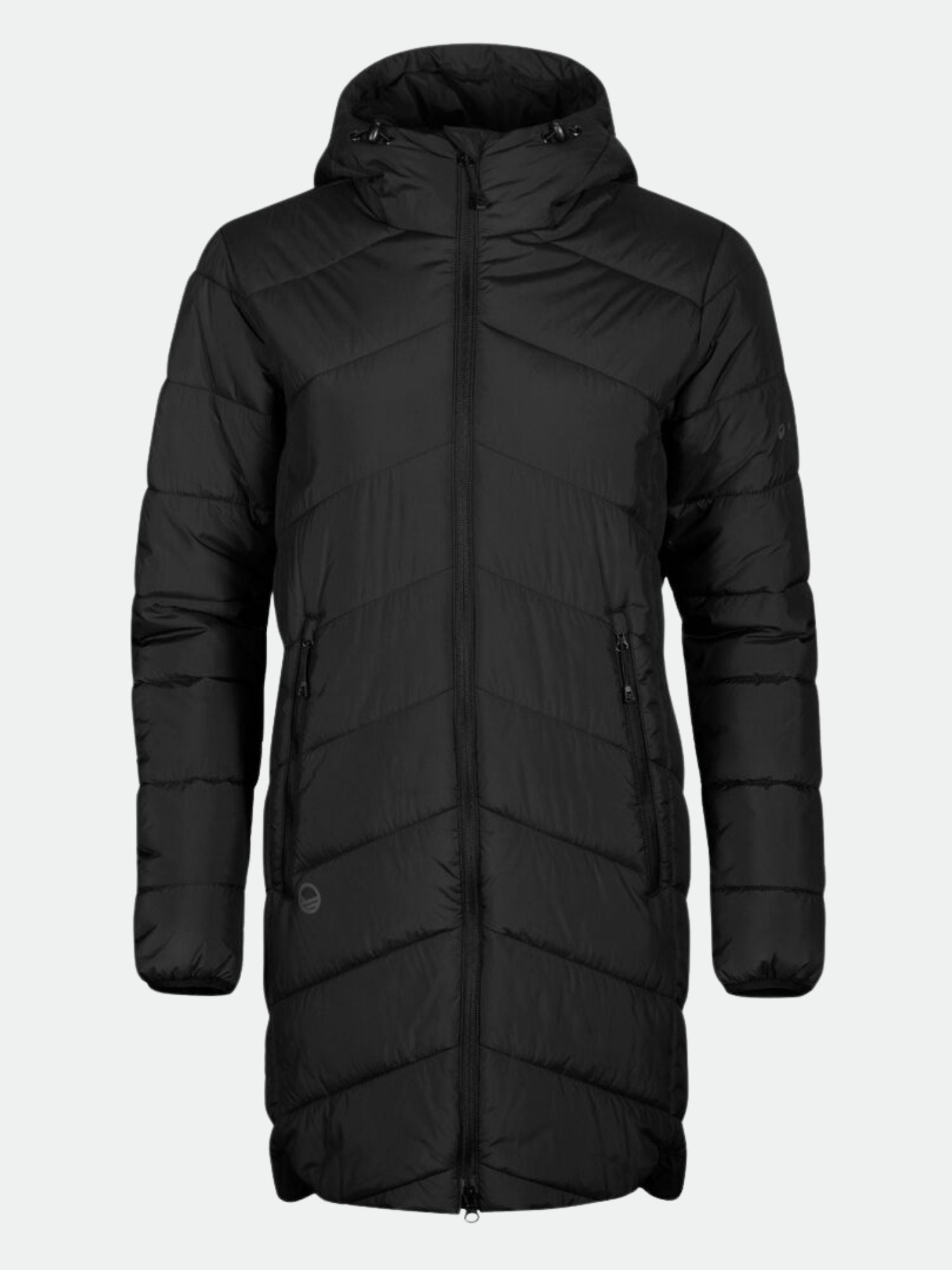Halti Komu Lätt Vadderad Parka Dam: lång svart parkas med huva, dragkedja, fickor med dragkedja och Microtherm Thermofill.