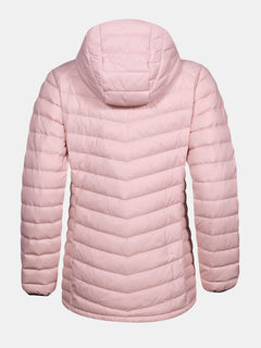 Halti Huippu Mid Dunjacka Dam i ljusrosa Pertex Quantum Ripstop, huva, med chevron- och horisontell quiltning.