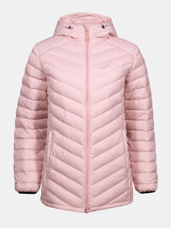 Ljusrosa Huippu Mid Dunjacka Dam Plus från Halti med längre passform, huva, frontzip och chevron-sömmar.