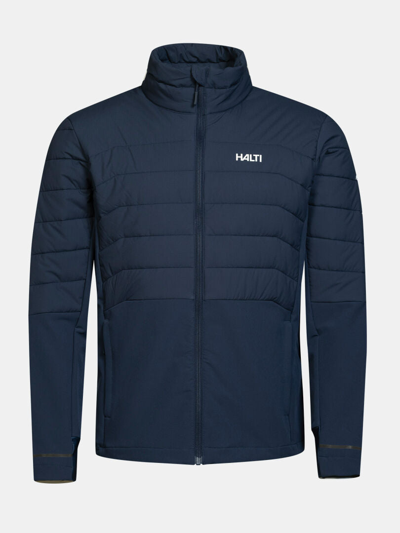 Halti Valimo Hybrid Insulation Jacka Herr i marinblått med quiltat mönster, dragkedja fram, hög krage och logotyp på vänster bröst.