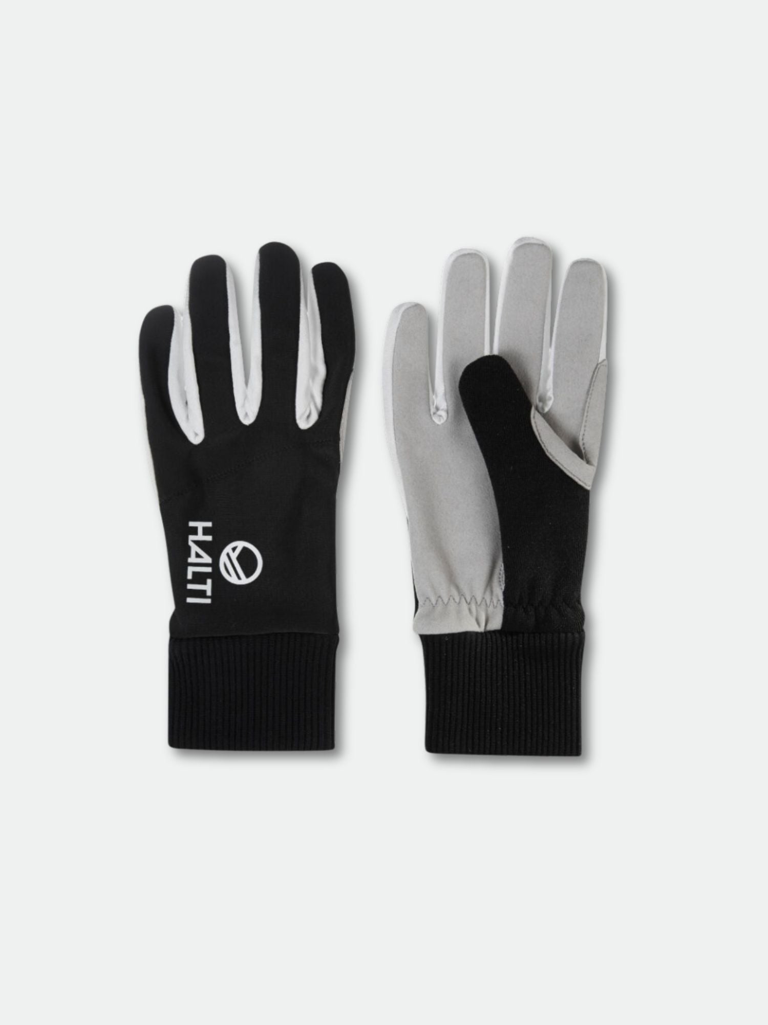 Halti XC Touring Handskar: vindtäta handskar, vänster svart/vit, höger grå med svart/vita detaljer.