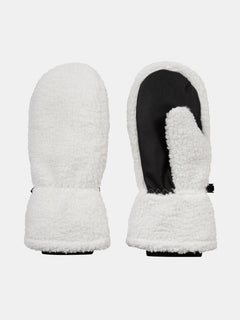 Ett par vita Halti Lykky Fleecevantar-vantar med svarta handflator på en enfärgad, ljus bakgrund.