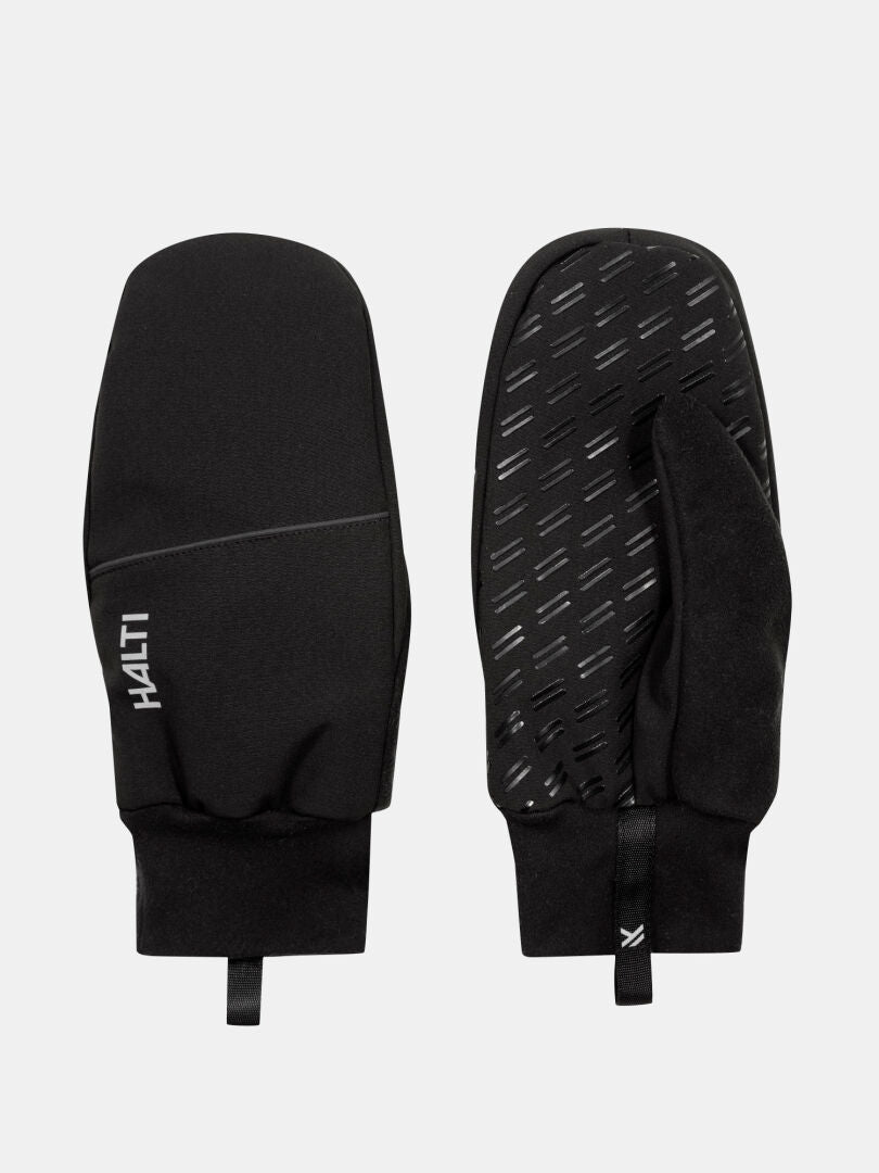 Ett par svarta Halti Kroka II vantar för vintersport, med elastiska muddar; den ena har grepp, den andra en Halti-logotyp.