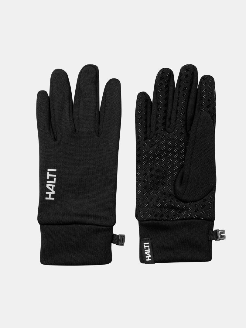 Ett par svarta Halti Kunnar II Handskar; vänster visar baksidan, höger visar handflatan med silikongrepp och 
