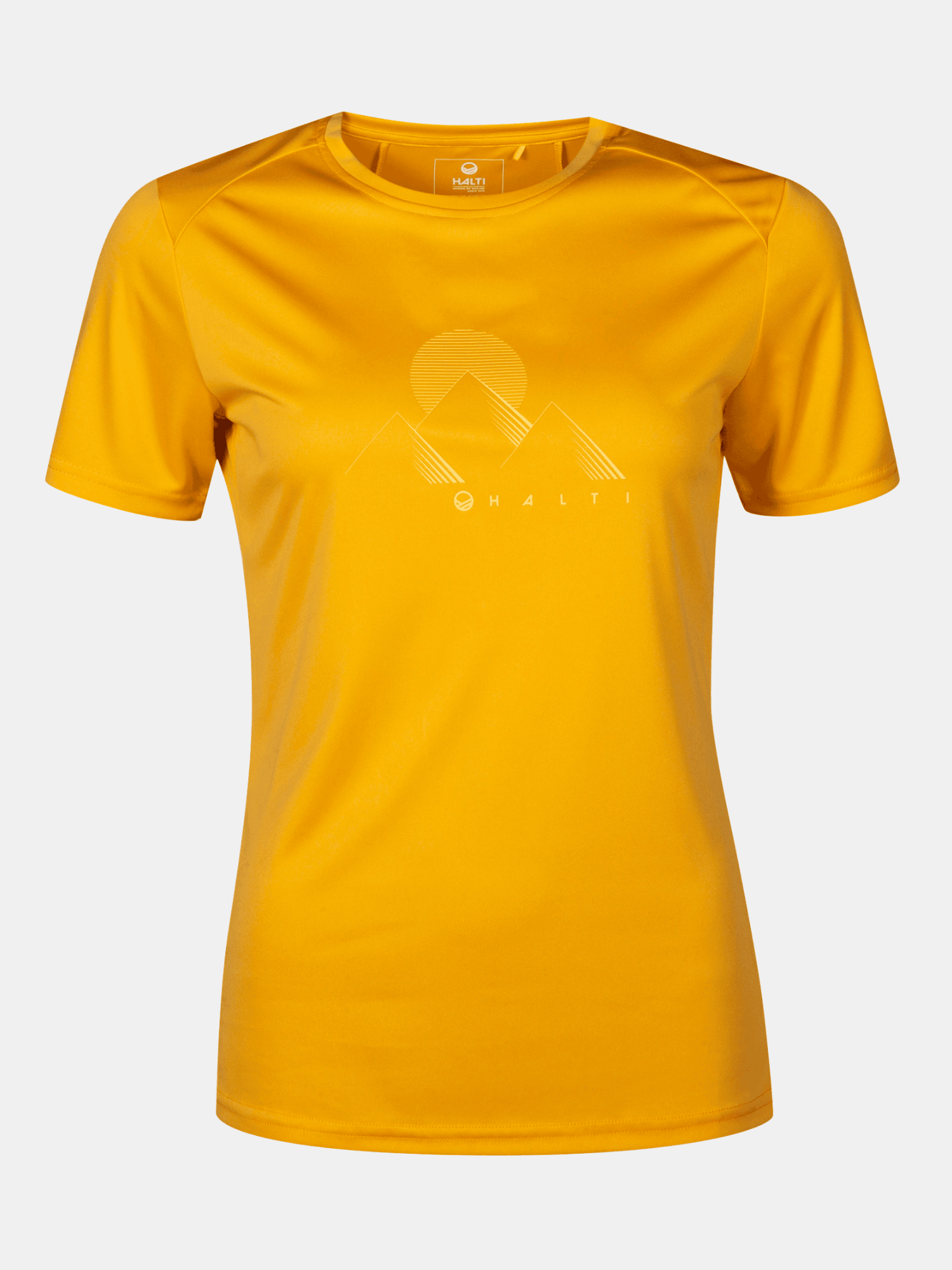 Halti Vassi T-skjorta Dam är en gul kortärmad teknisk t-shirt med berg, sol och logotypgrafik framtill.