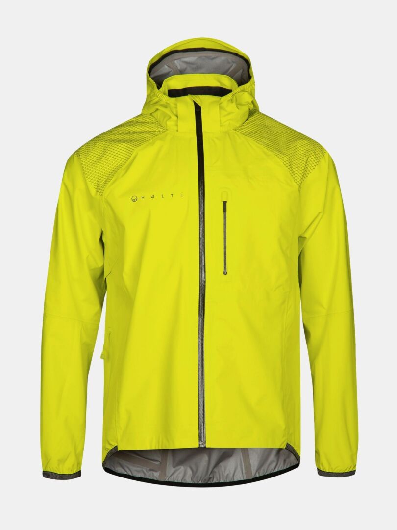 Halti Liike Herr 3L DrymaxX Sportjacka: klargul, vattentät, huva, bröstficka, dragkedja fram, logotyp på bröstet.