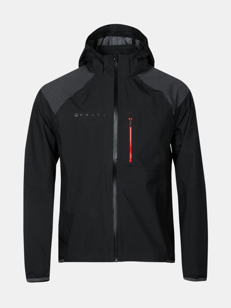 Halti Liike Herr 3L DrymaxX Sportjacka: svart, grå axlar, röd dragkedja, tillverkad av återvunnen polyester.