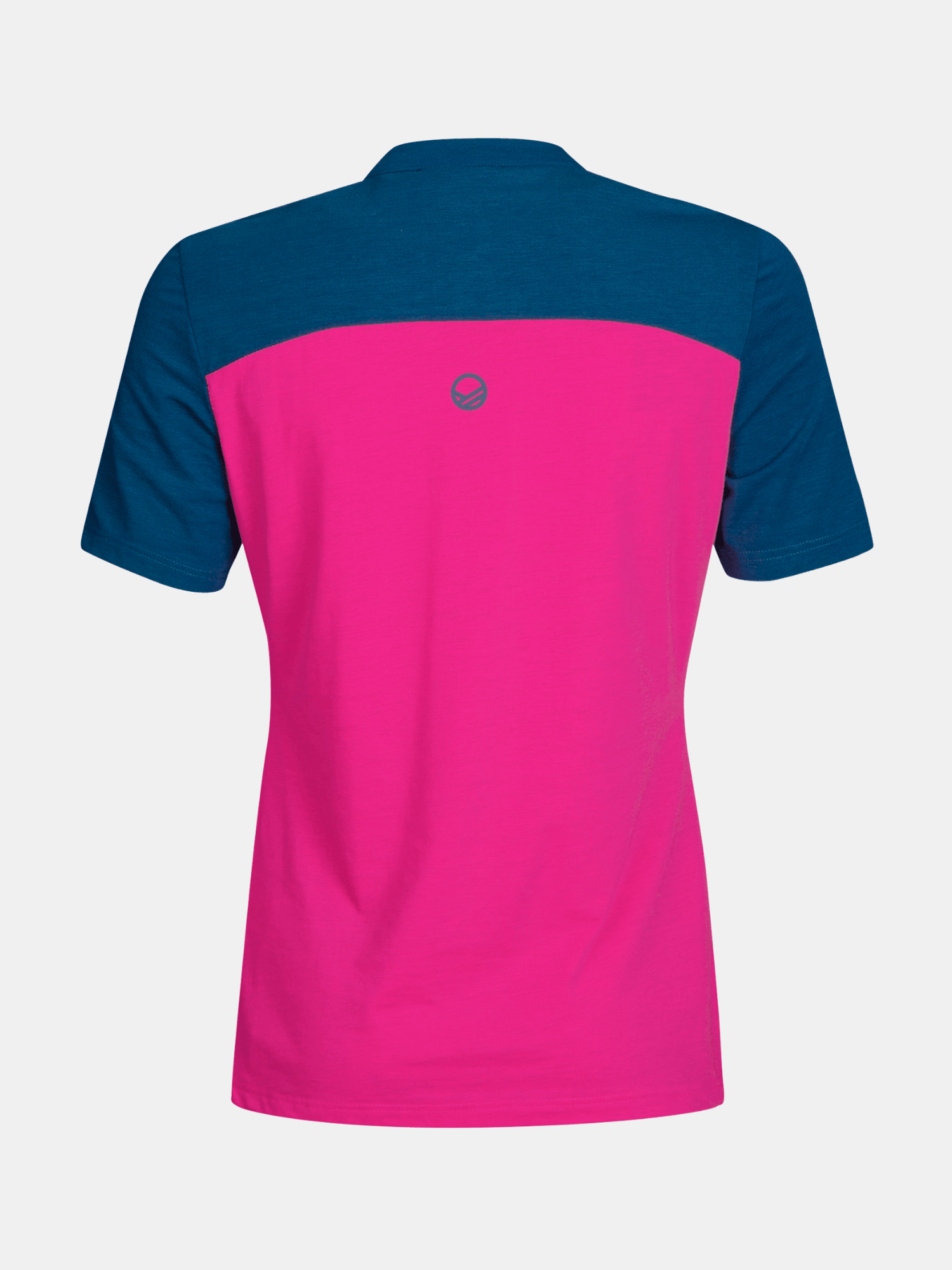 Halti Core Dam T-skjorta: Tech Wool-t-shirt med fukttransporterande, magentafärgad nederdel, mörkblå övre del av ryggen och ärmarna.