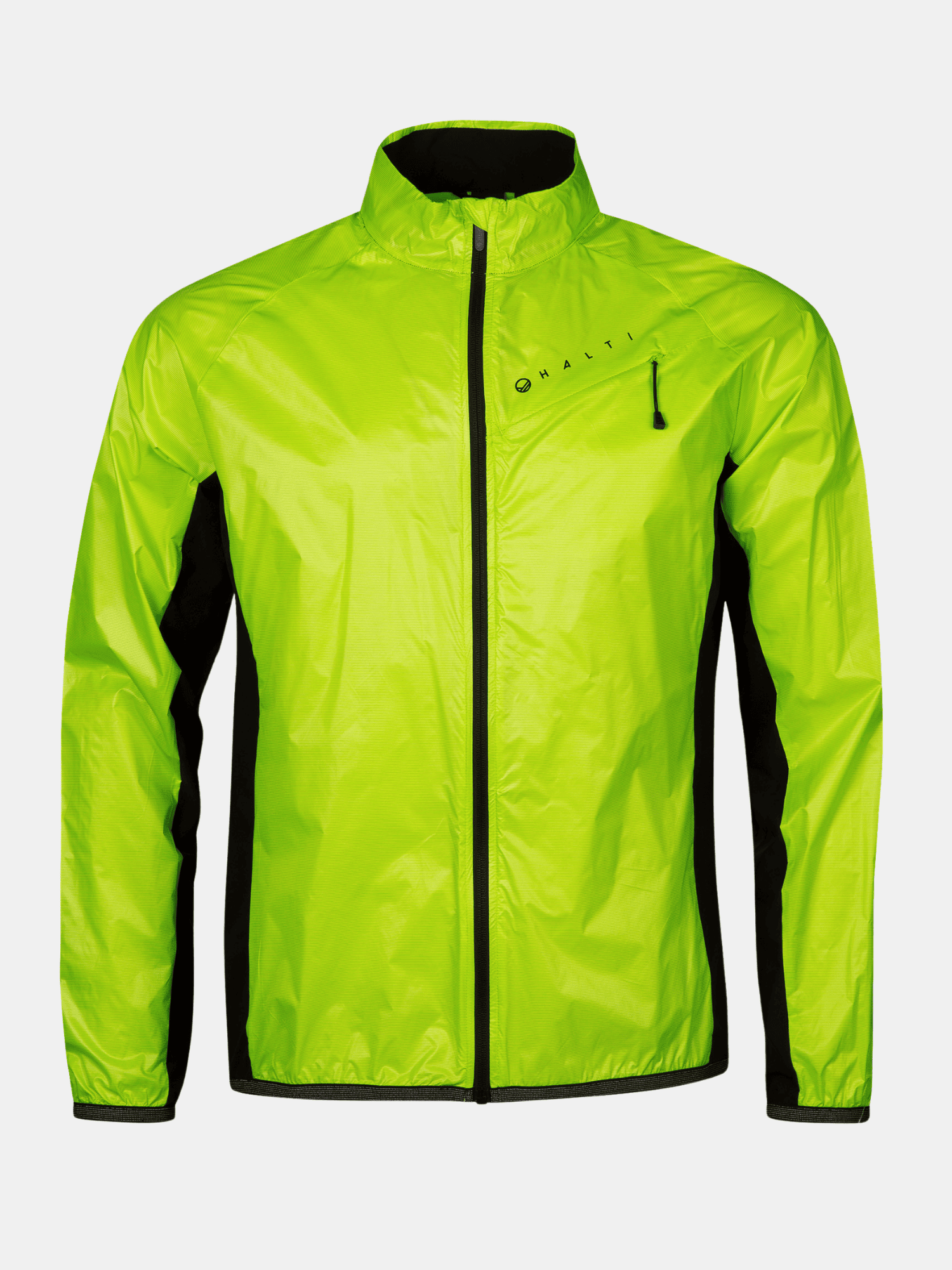 Halti Control Herr Windbreaker Jacka, neongrön med svarta och reflexer, visas mot en vit bakgrund.