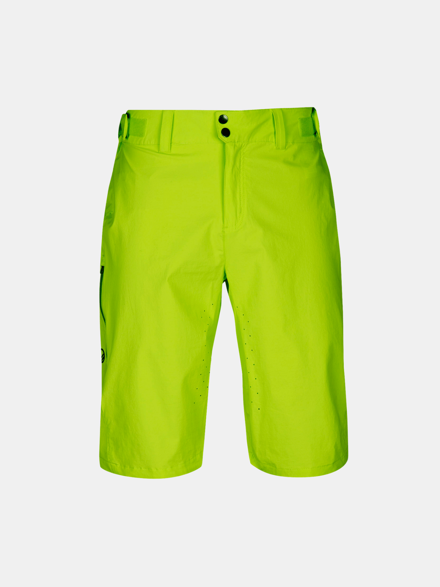 Halti Tracks Herr X-stretch Shorts: neongula, knälånga, justerbar midja, bälteshällor, 2 knappar, grafik på vänster ben.