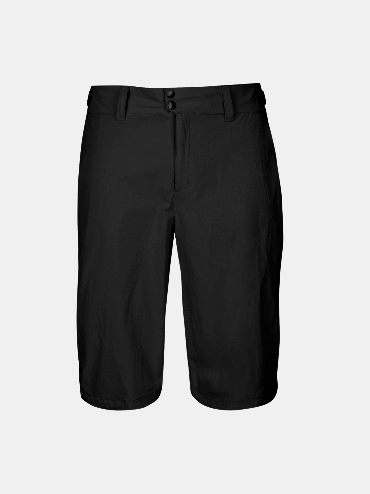 Halti Tracks Herr X-stretch Shorts: svarta, knälånga, med bälteshällor, två knappar fram och enfärgad design.