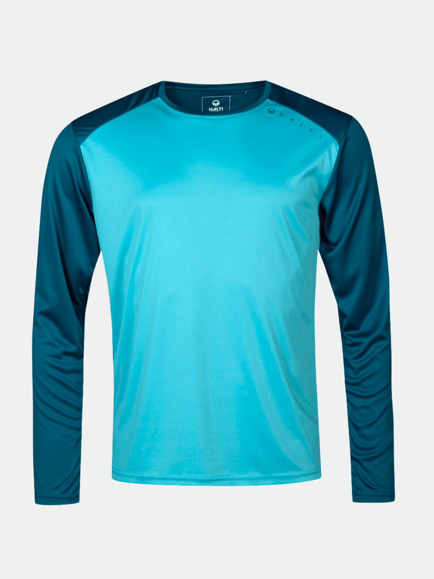 Halti Vassi Herr Långärmad Träningströja i återvunnen polyester med mörkteal ärmar och ljus kropp.