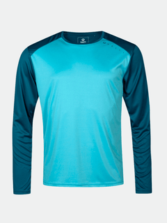 Halti Vassi Herr Långärmad Träningströja i återvunnen polyester med mörkteal ärmar och ljus kropp.