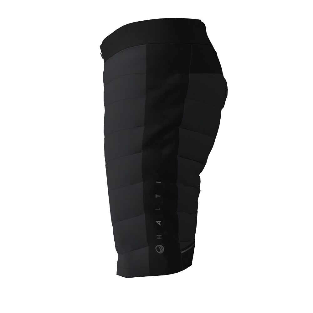 Halti Hanki Hybridshorts Herr i svart med quiltat mönster och Stormwall®-isolering, sidovy mot vit bakgrund.