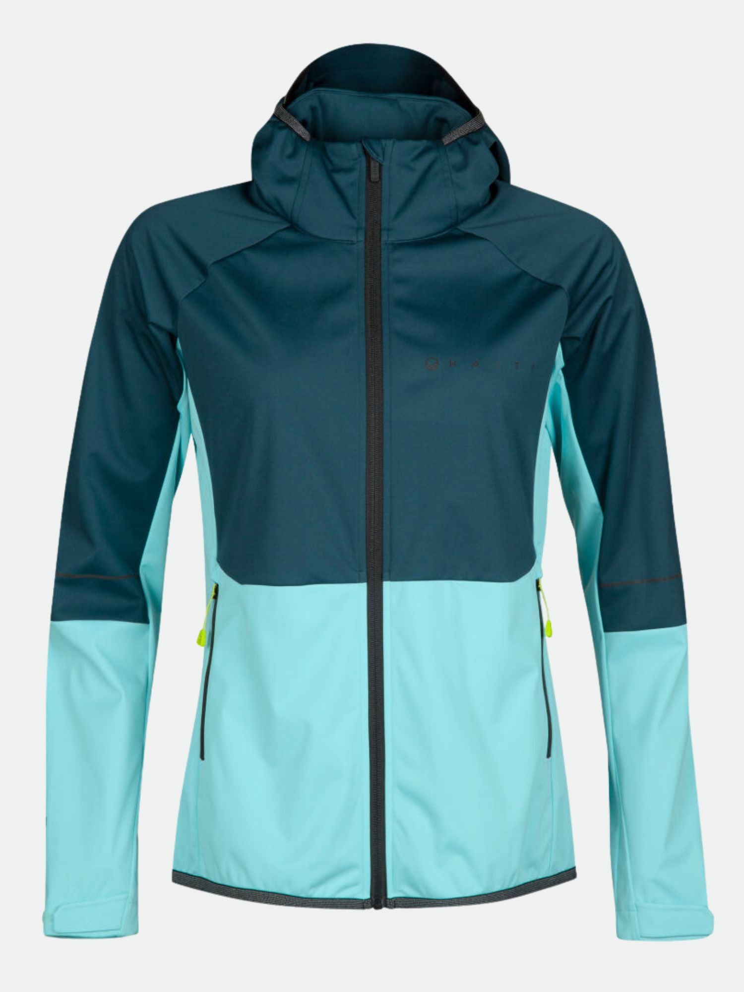Halti Exhale Stormwall Jacka Dam-teal/ljusblå cykelsoftshell med fickor med dragkedja och reflexdetaljer.