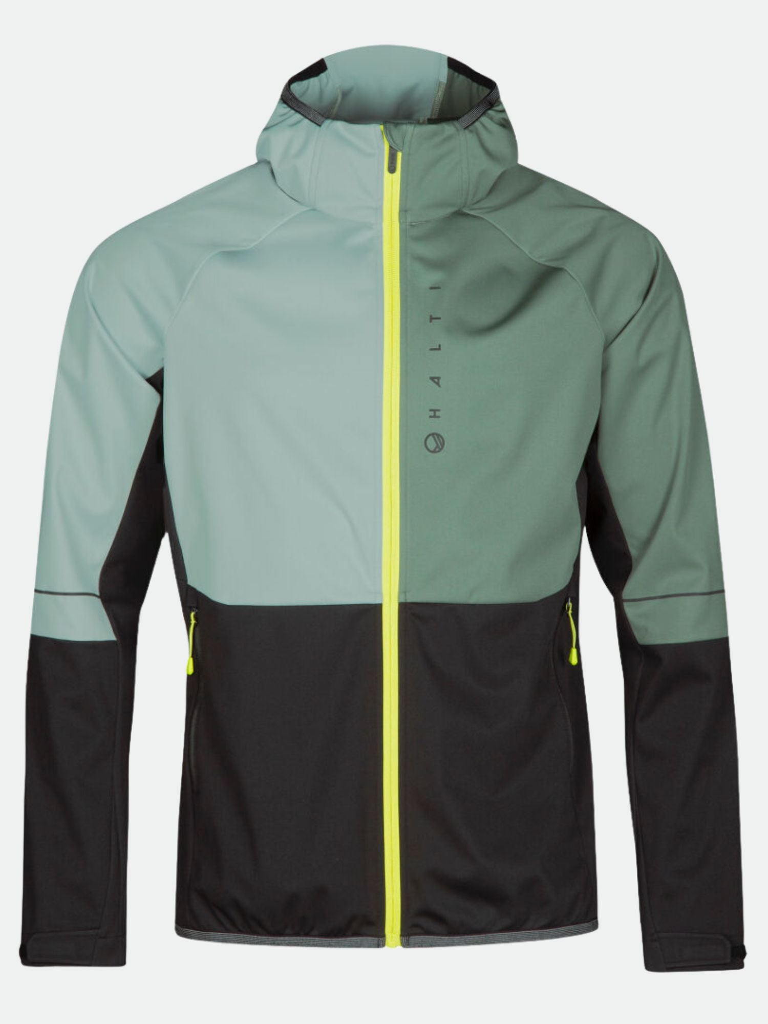 Exhale Stormwall Jacka Herr från Halti är en tvåfärgad softshell med gul dragkedja, perfekt för synlighet under träning.