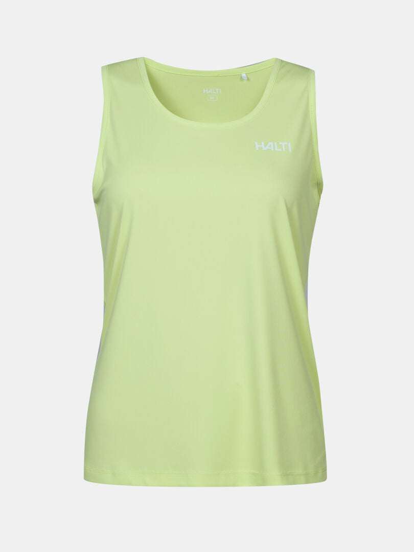 Salves Topp Dam från Halti är ett ärmlöst, ljusgrönt linne tillverkat av återvunnen polyester med logotyp på bröstet.