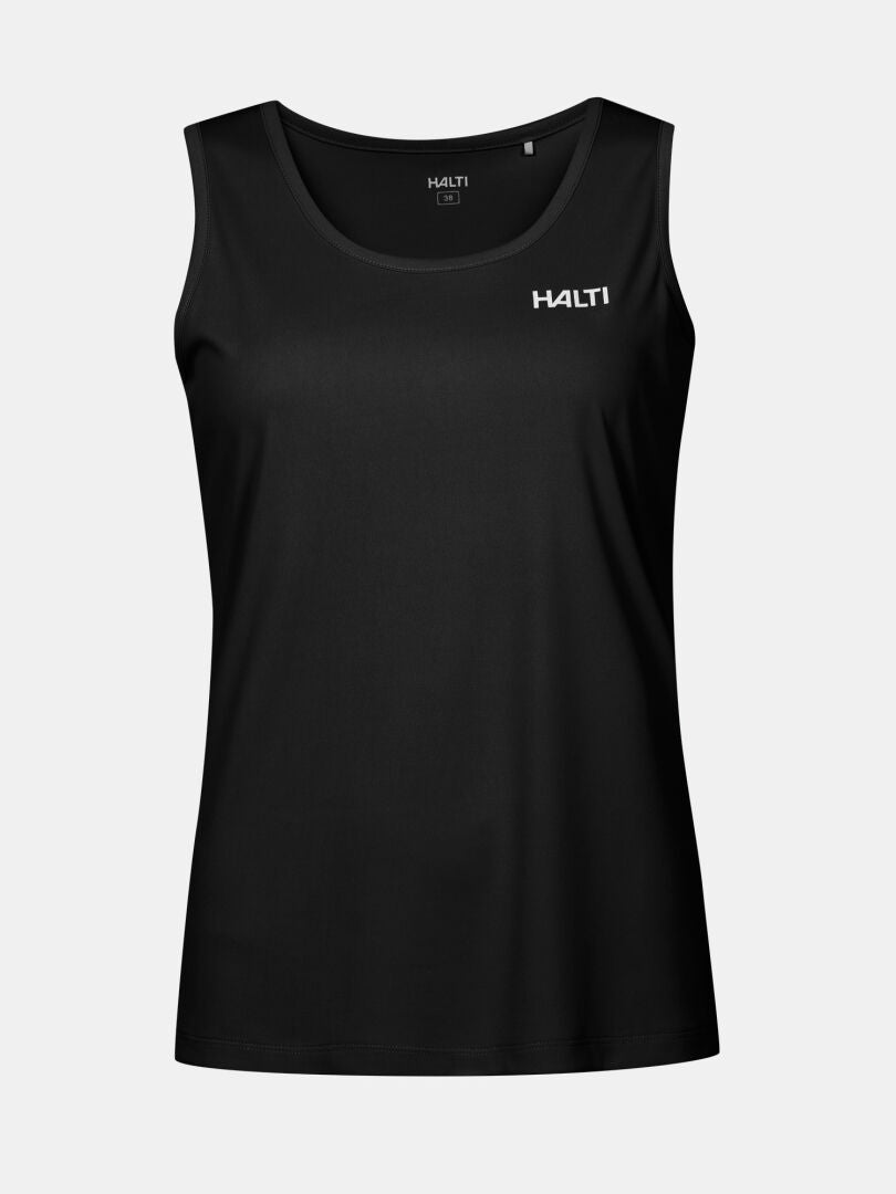 En svart träningstopp Salves Topp Dam från Halti med vit logotyp, tillverkad av återvunnen polyester.