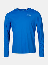 Halti Salves Träningströja Herr är en blå, långärmad, andningsbar sporttröja med en liten vit Halti-logotyp.