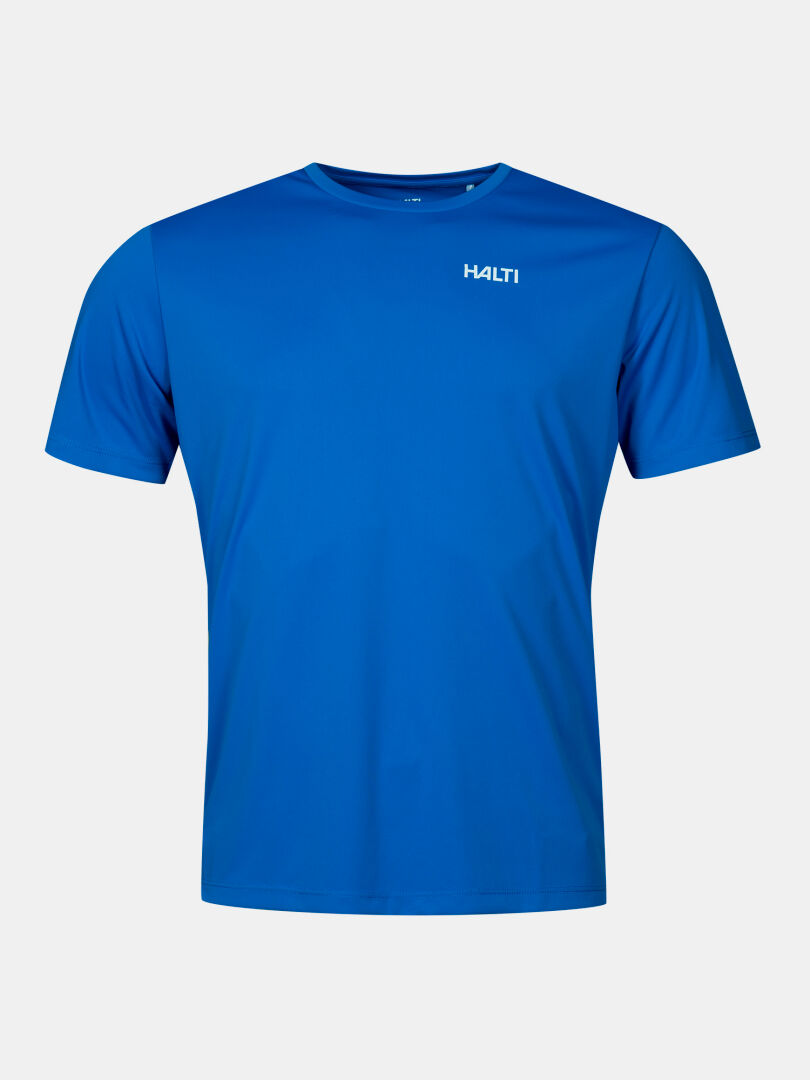 En vanlig blå Salves T-skjorta Herr från Halti med en liten vit logotyp, perfekt för utomhusaktiviteter. På vit bakgrund.
