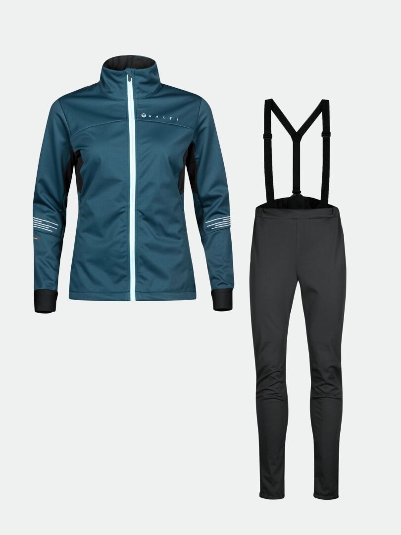 Ett blågrönt Halti Siide Längdskiddräkt Dam softshell-set med svarta ärmar och byxor med haklapp, visas på vitt.