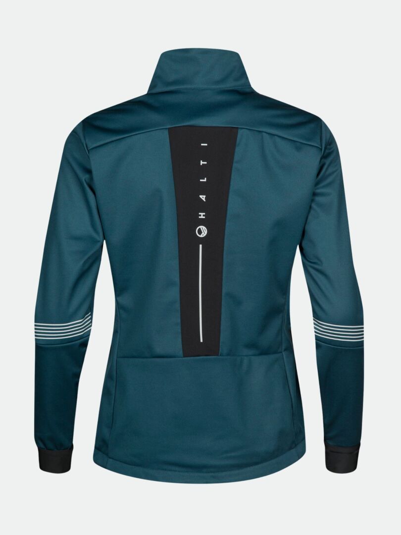 En blågrön Siide Längdskiddräkt Dam zip-up jacka från Halti, bakifrån, med svart panel och vit vertikal Halti-logotyp.