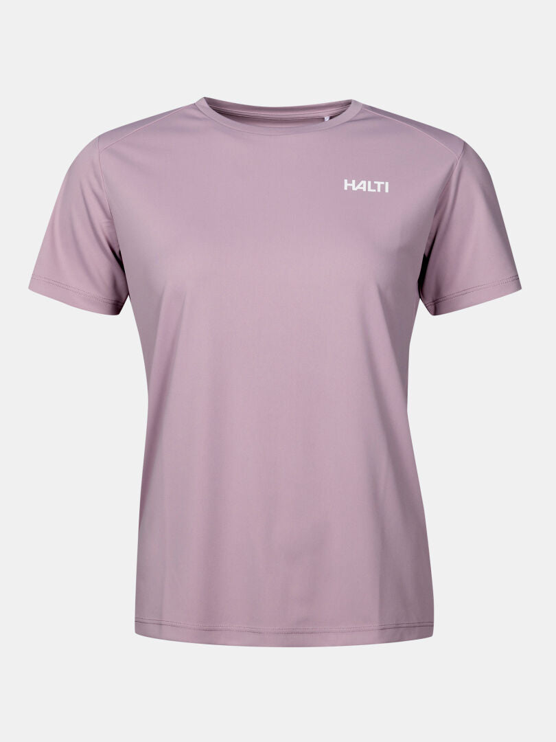 Lila kortärmad Teknisk T-tröja – sport-T-shirt för damer i teknisk stickning med rund hals.