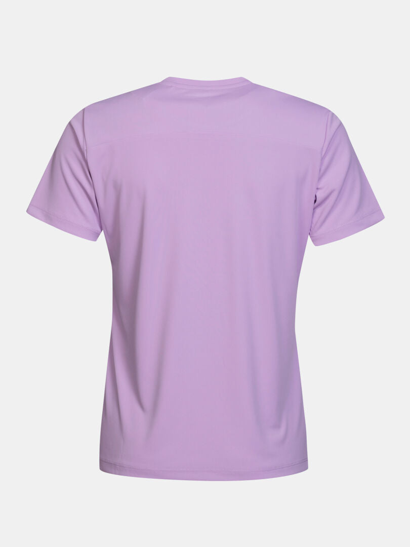 Baksidan av en ljuslila Halti Teknisk T-tröja Dam – en kortärmad sport-T-shirt i tekniskt stickat tyg.