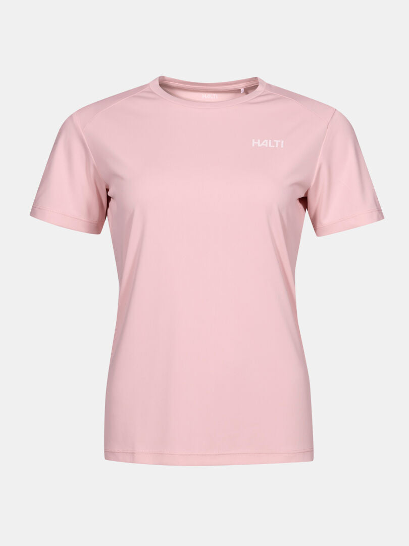 Ljusrosa kortärmad Halti Teknisk T-tröja Dam Plus – en teknisk, stickad sport-T-tröja med en vit logotyp på bröstet.