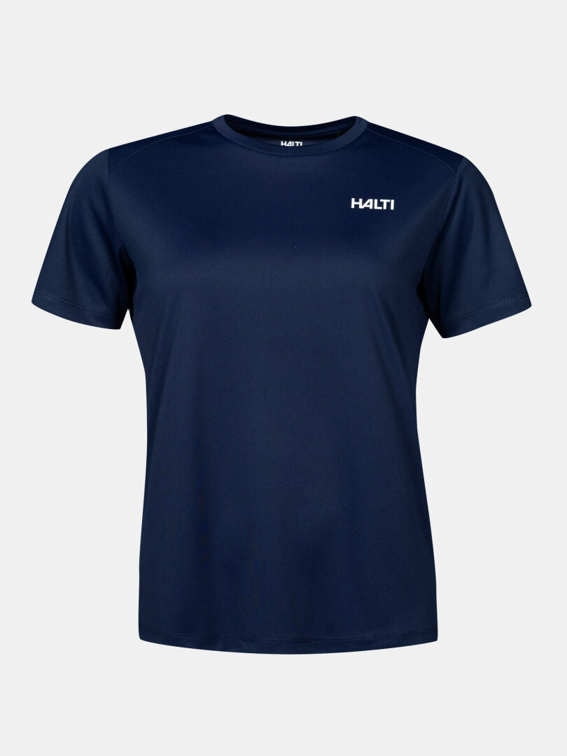 Halti Teknisk T-tröja Dam Plus: en kortärmad, marinblå teknisk sport-T-tröja i snabbtorkande material.
