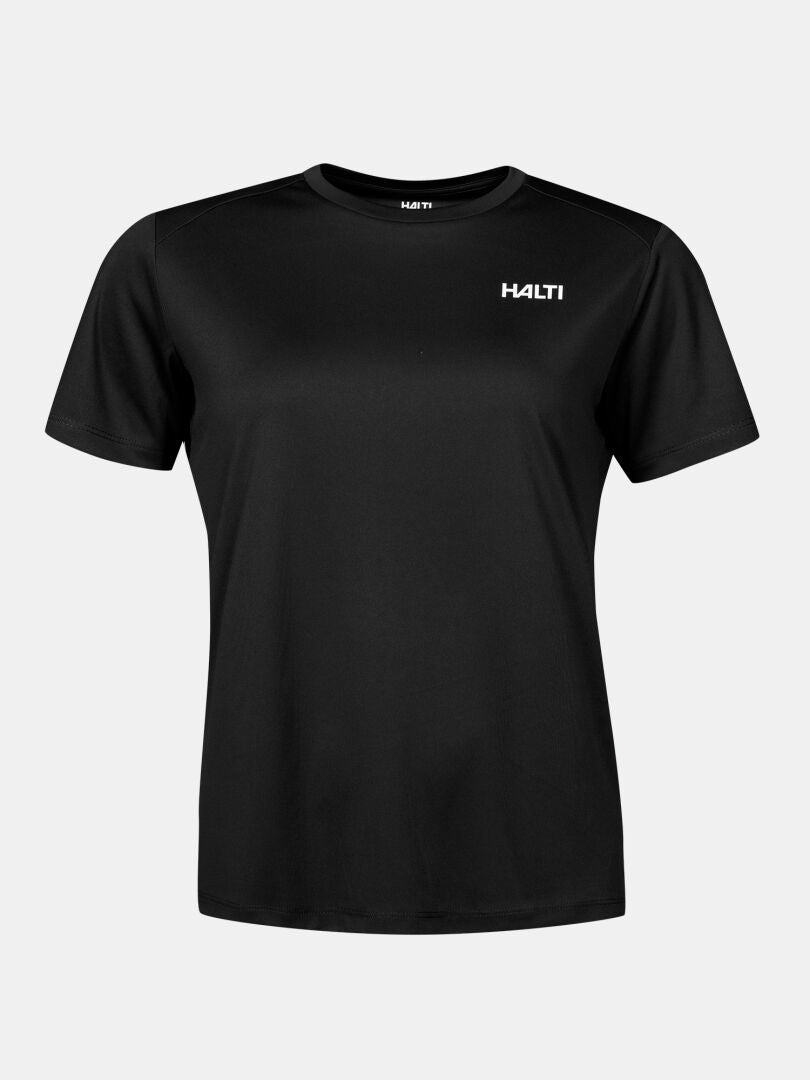 Black Halti Teknisk T-tröja Dam Plus – en teknisk, kortärmad sport-T-tröja i stickat material med en vit logotyp på bröstet.