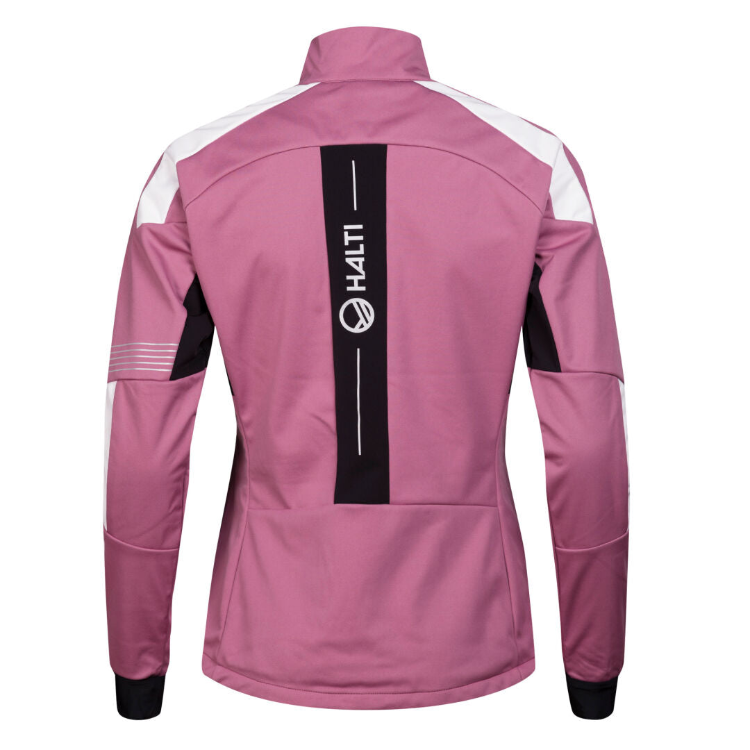 Hyyde Längdskiddräkt Dam Plus från Halti är en rosa multisportjacka med svarta/vita detaljer och Stormwall®-material.