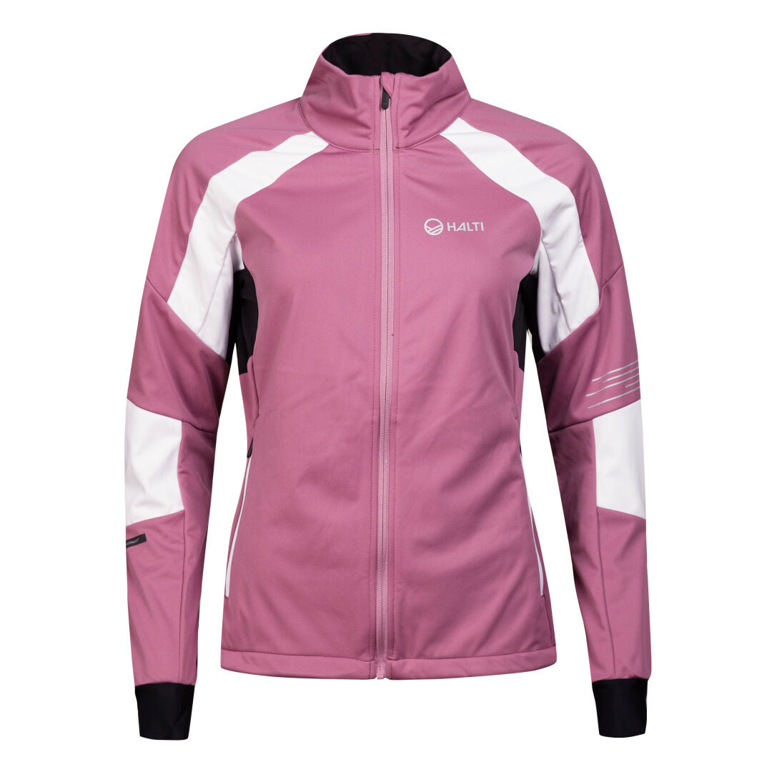 Halti Hyyde Längdskiddräkt Dam Plus är en rosa och vit Stormwall® jacka med dragkedja, idealisk för vinterträning.