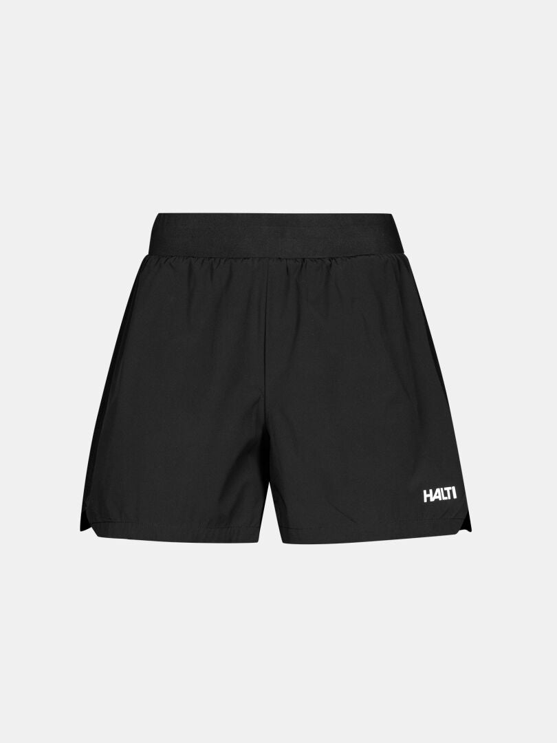 Halti Uurto Shorts Dam: svarta athletic shorts i snabbtorkande material, innertights med lårficka, vit logo vänster ben.