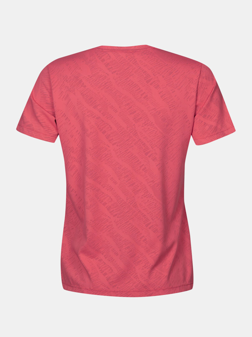 Bakifrån på Halti Oulanka T-skjorta Dam i rosa med tonalt mönster och Active Dry-tyg, mot enfärgad bakgrund.