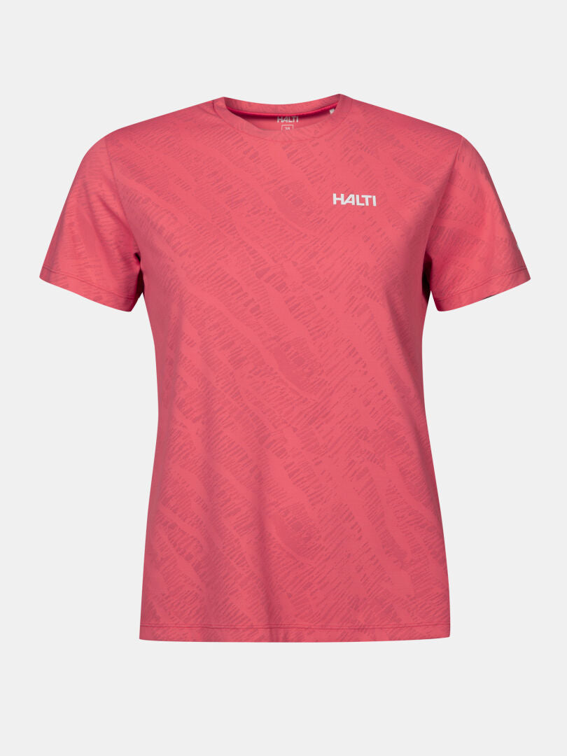Oulanka T-skjorta Dam från Halti är en enfärgad rosa t-shirt med Active Dry och en liten vit logotyp på bröstet.
