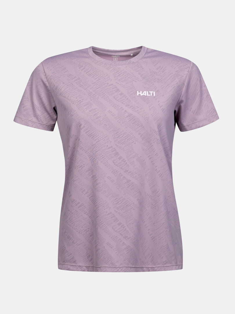 Ljuslila Halti Oulanka T-skjorta Dam med Active Dry, subtilt mönster, UPF 50+ och logotyp på en enfärgad bakgrund.