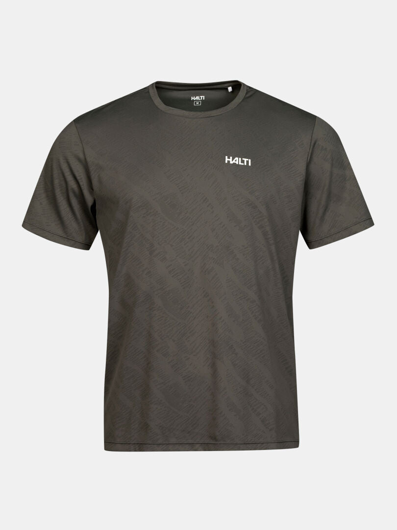 Oulanka T-skjorta Herr från Halti är en mörkgrå Active Dry-tee med ett subtilt mönster och logotyp.