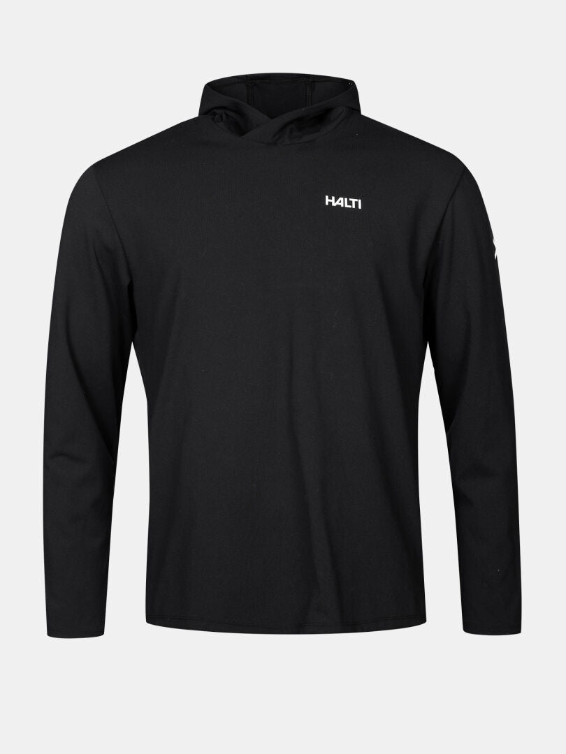 Halti Kaltio Träningshoodie Herr är en svart långärmad huvtröja, perfekt för löpning och utomhusträning.