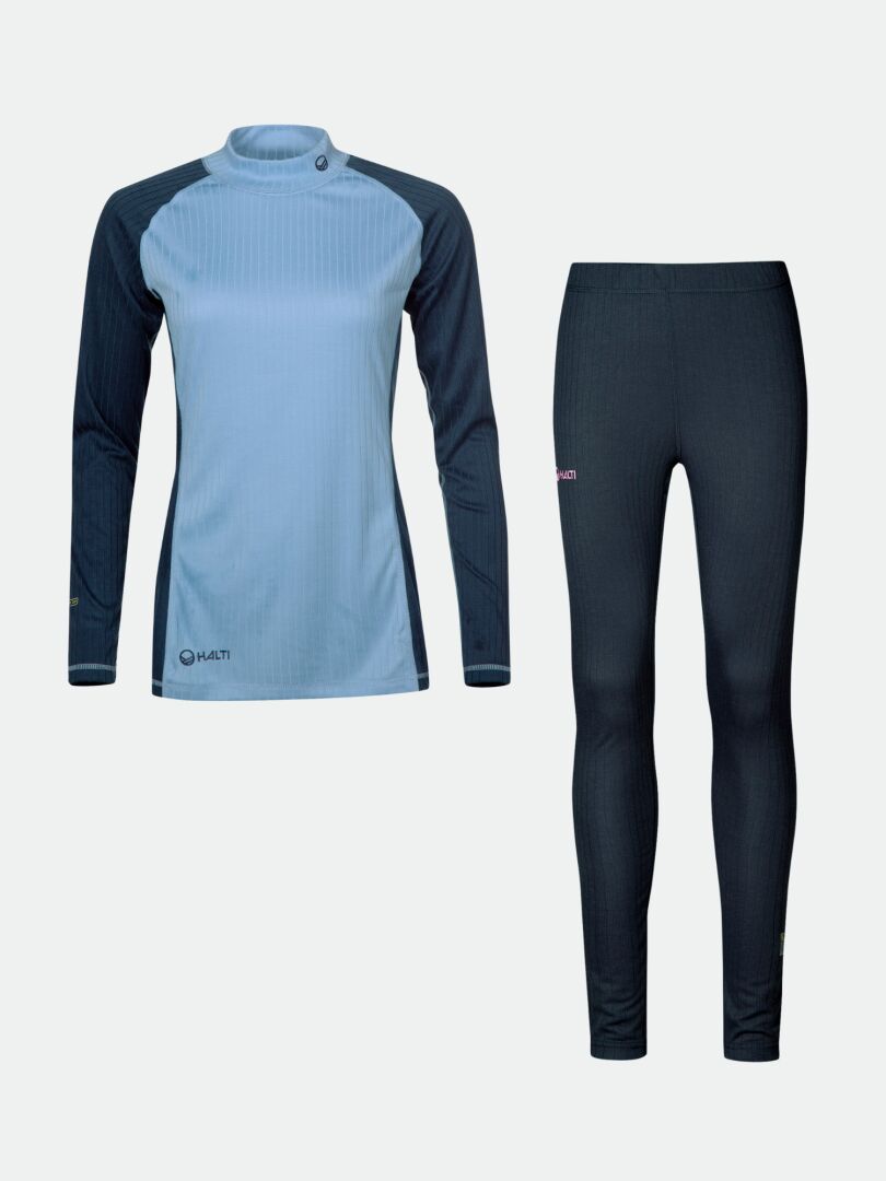 Halti Dual Underställ Set Dam i ljusblå/marinblå, långa ärmar med matchande leggings, läggs sida vid sida.