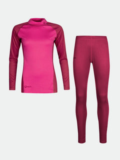 Halti Dual Underställ Set Dam: rosa tvådelat set tillverkat av återvunnen polyester, perfekt för utomhusaktiviteter.