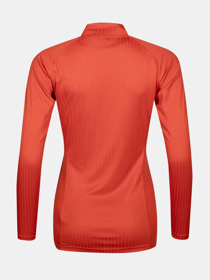 Bakifrån på Halti Dual Underställ Set Dam: långärmad orange, subtila ränder, återvunnen polyester.